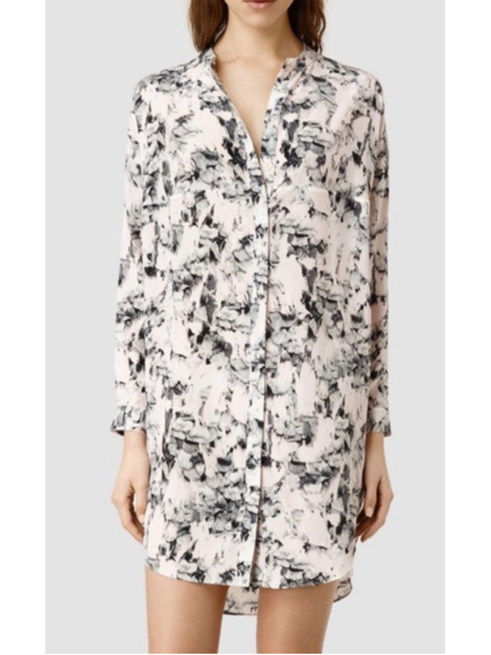 ALLSAINTS Button Down Silk Shirt Size one size Off-White Black Abstract Print